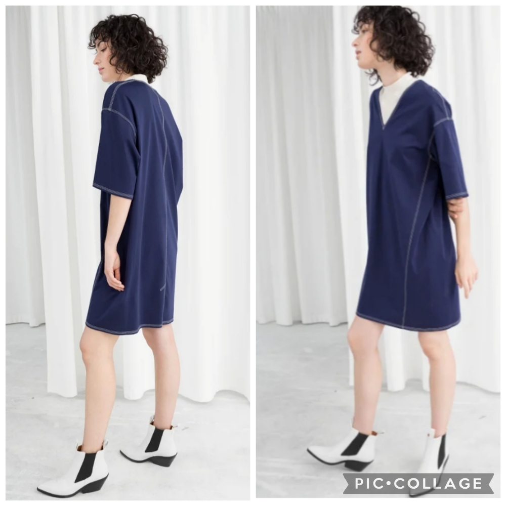 & Other Stories Blue White Contrast V-Neck Slouchy Oversized T-shirt Mini Dress